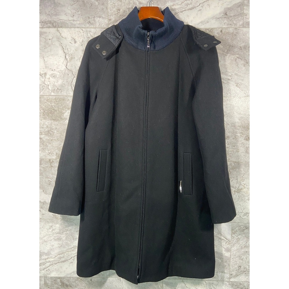 Liz Claiborne Women's Black 100% Wool Full Zip Hooded Coat Quilted Lining Size L